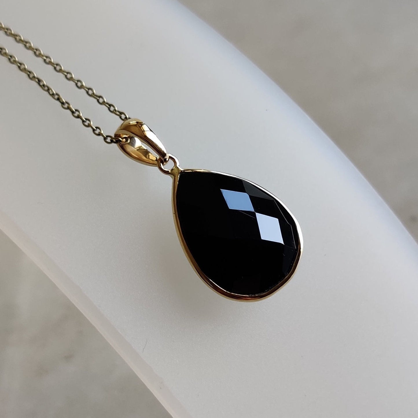 Natural Black Onyx Pendant, 14K Solid Yellow Gold Black Onyx Pendant, December Birthstone, Bezel Pendant, Checker Cut Black Onyx Pendant