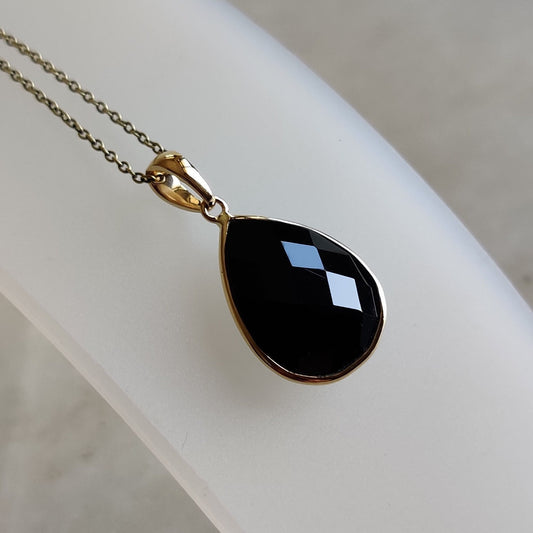 Natural Black Onyx Pendant, 14K Solid Yellow Gold Black Onyx Pendant, December Birthstone, Bezel Pendant, Checker Cut Black Onyx Pendant