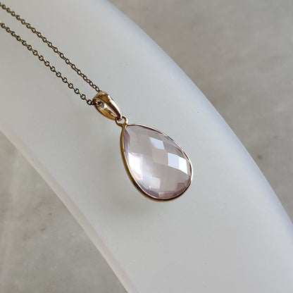 Natural Rose Quartz Pendant, Quartz Pendant Set in 14K Solid Yellow Gold Pendant, January Birthstone Pendant, Pear Checker Cut Pendant