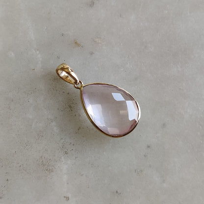 Natural Rose Quartz Pendant, Quartz Pendant Set in 14K Solid Yellow Gold Pendant, January Birthstone Pendant, Pear Checker Cut Pendant