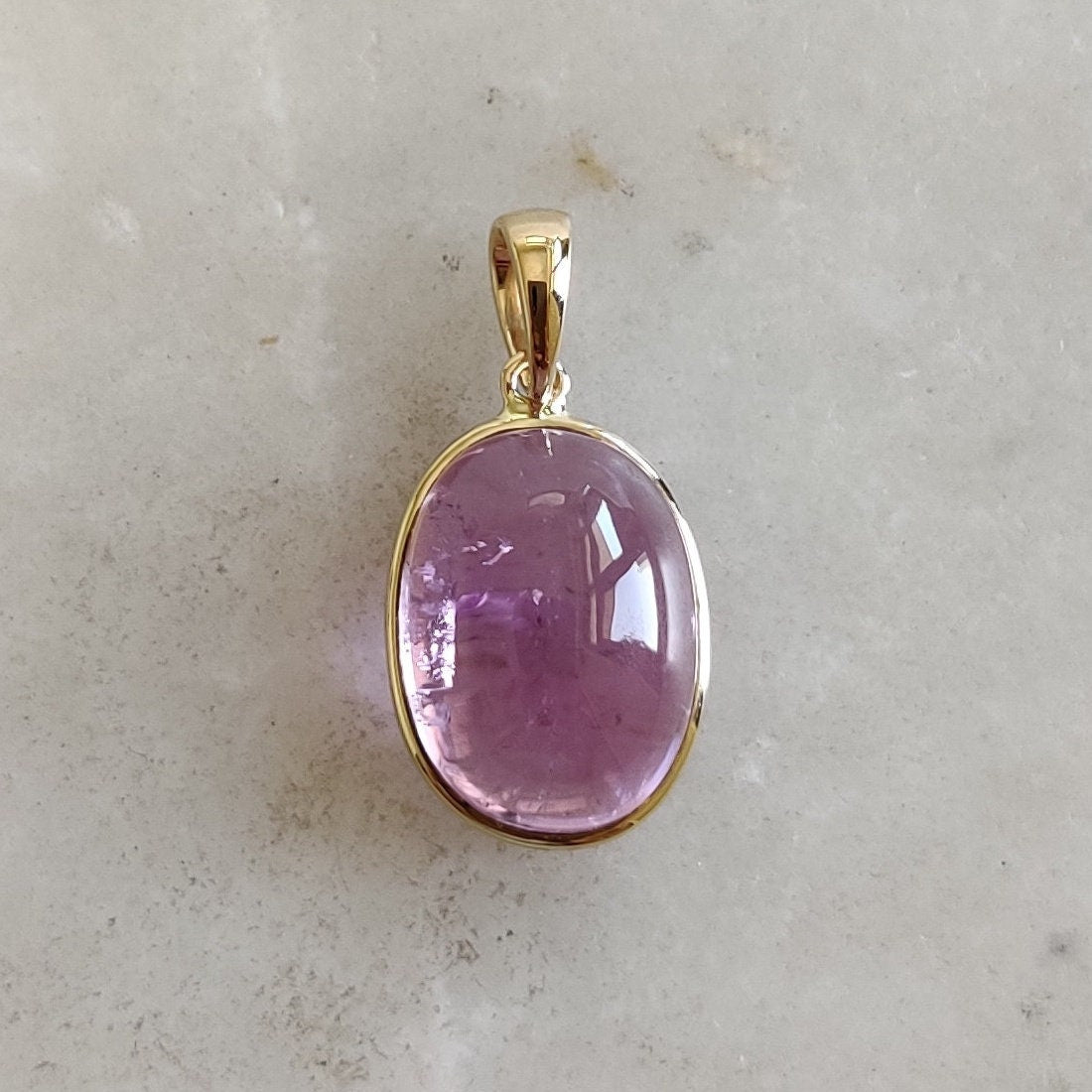 Natural Kunzite Pendant, 14K Solid Yellow Gold Kunzite Pendant, October Birthstone Pendant, Bezel Pendant, Oval Pendant, Anniversary Present