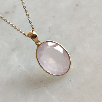 Natural Rose Quartz Pendant, 14K Solid Gold Rose Quartz Pendant, Solid Gold Bezel Pendant, January Birthstone, Christmas Gift