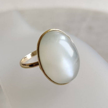 Natural White Moonstone Ring, 14K Solid Yellow Gold Ring, White Moonstone Jewelry, June Birthstone Ring, Christmas Gift, Bezel Ring