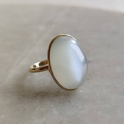 Natural White Moonstone Ring, 14K Solid Yellow Gold Ring, White Moonstone Jewelry, June Birthstone Ring, Christmas Gift, Bezel Ring