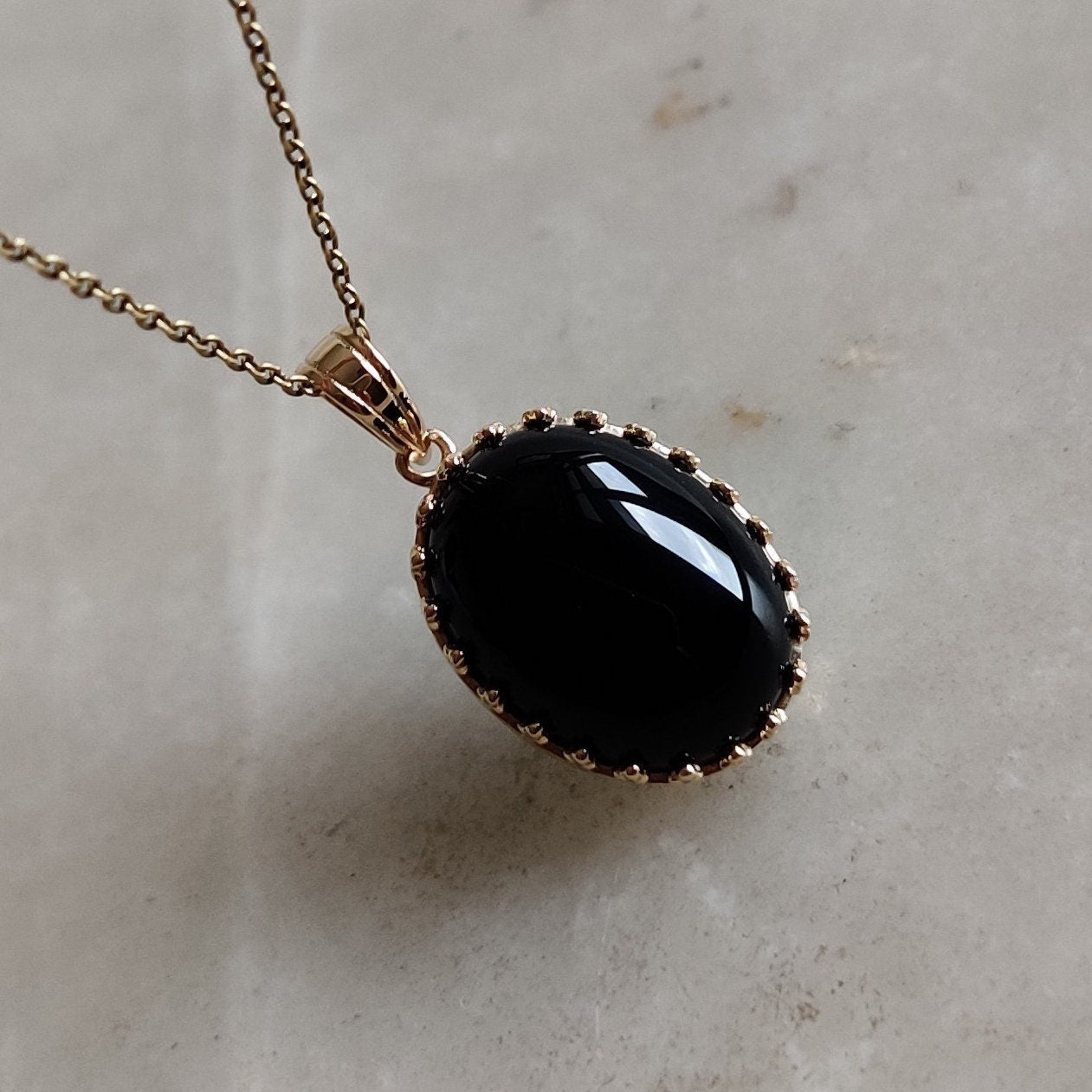 Natural Black Onyx Pendant, 14K Solid Yellow Gold Black Onyx Pendant, December Birthstone Pendant, Crown Bezel Pendant, Christmas Present