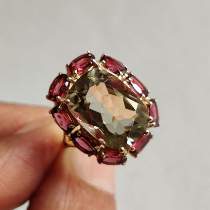 Natural Green Amethyst & Rhodolite Garnet Ring, Statement Ring In 14K Solid Yellow Gold, February Birthstone, Cocktail Multi-Stone Ring