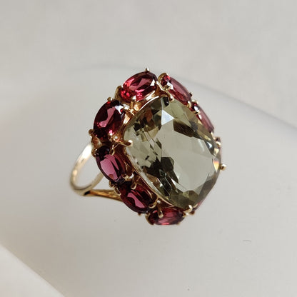 Natural Green Amethyst & Rhodolite Garnet Ring, Statement Ring In 14K Solid Yellow Gold, February Birthstone, Cocktail Multi-Stone Ring