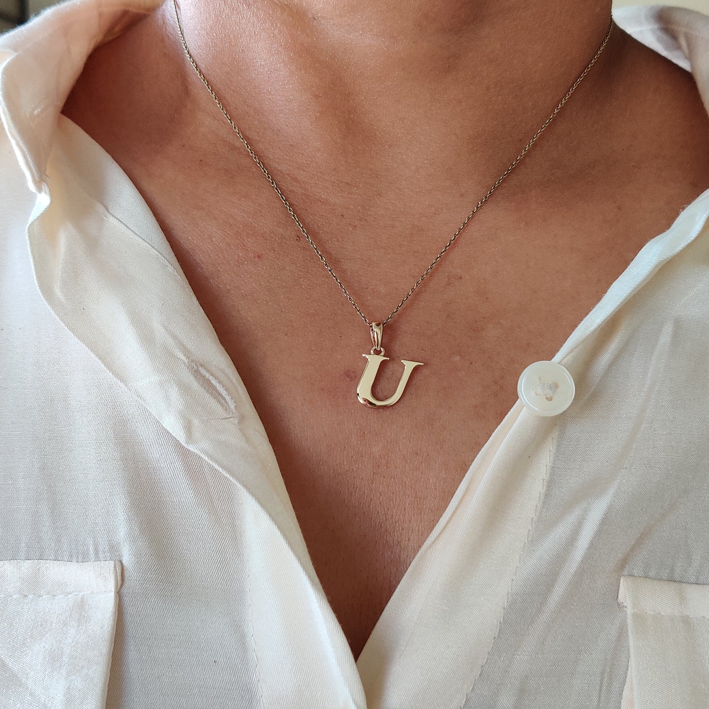 14K Gold Initial U Pendant, Solid Yellow Gold Initial U Charm Pendant, Gold Charm Pendant, Alphabet U Pendant, Birthday Gift, Letter Pendant