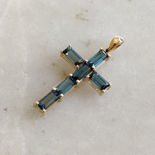 Natural London Blue Topaz Cross Pendant, 14K Solid Yellow Gold Pendant, Blue Topaz Holy Cross Pendant, December Birthstone Pendant