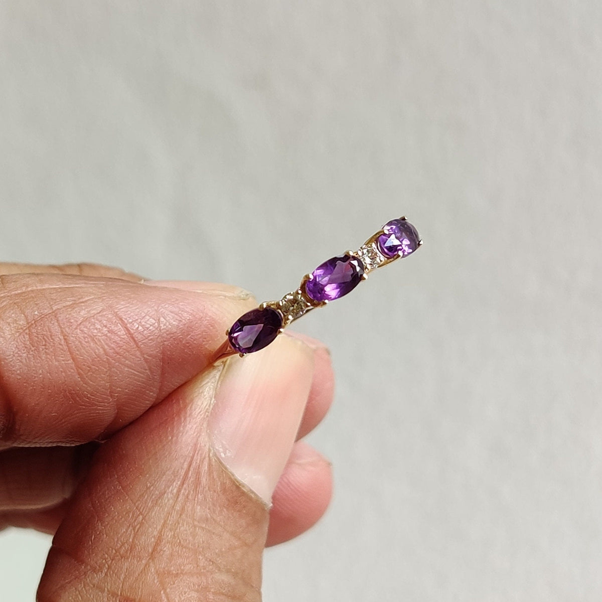 14K Solid Yellow Gold Natural Purple Amethyst & Diamond Ring, February Birthstone