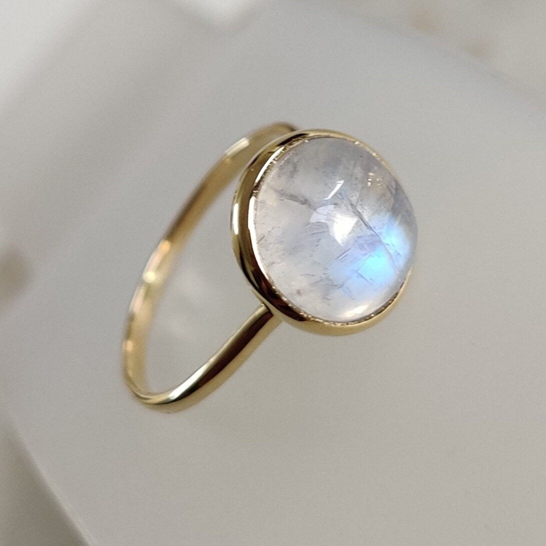 Natural Rainbow Moonstone Ring, 14K Solid Yellow Gold Rainbow Moonstone Ring, Dainty Ring, June Birthstone Ring, Rainbow Moonstone Jewelry