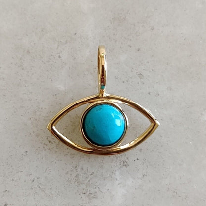 Natural Turquoise Evil Eye Pendant, 14K Solid Yellow Gold Sleeping Beauty Turquoise Pendant, Evil Eye Charm Pendant, December Birthstone