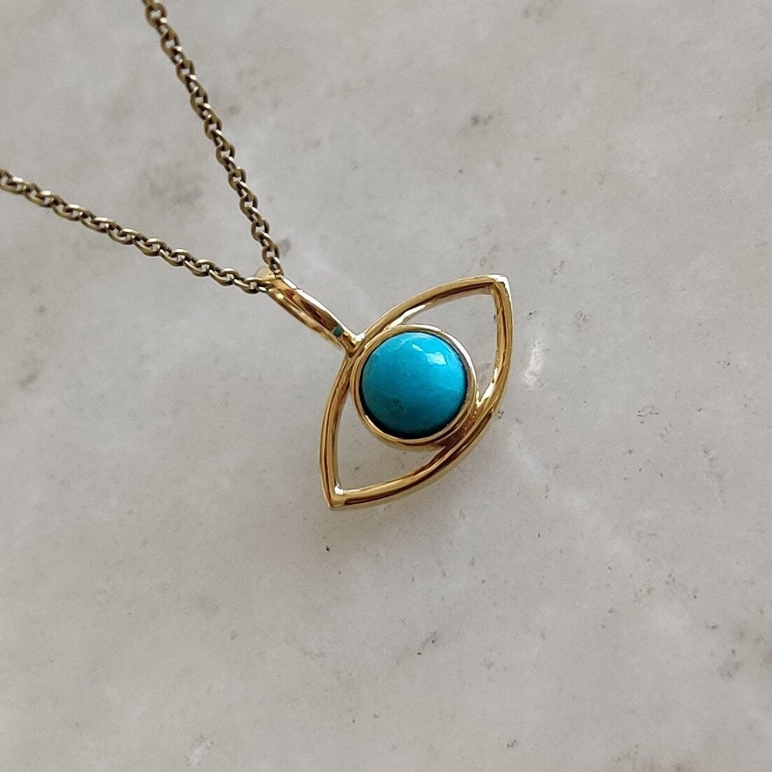 Natural Turquoise Evil Eye Pendant, 14K Solid Yellow Gold Sleeping Beauty Turquoise Pendant, Evil Eye Charm Pendant, December Birthstone