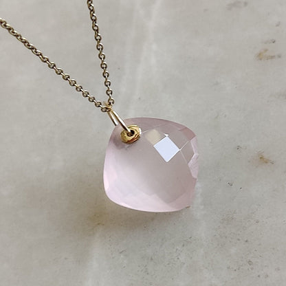 Natural Rose Quartz Pendant, Rose Quartz 14k solid Yellow Gold Pendant, Natural Rose Quartz Gold Jewelry, Drill Pendant, January Birthstone