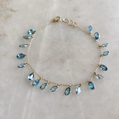 Natural Swiss Blue Topaz Bracelet, 14K Yellow Gold Swiss Blue Topaz Bracelet, Chain Bracelet, Blue Topaz Gold Bracelet, December Birthstone