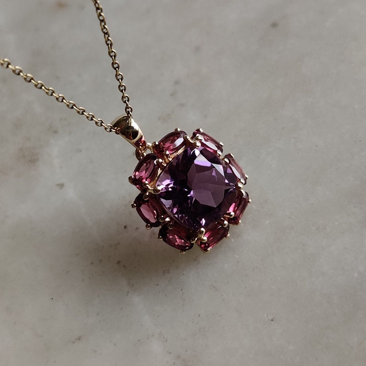 Natural Purple Amethyst Rhodolite Garnet Pendant, 14K Solid Gold Purple Amethyst Garnet Pendant, February June Birthstone, Prong Pendants