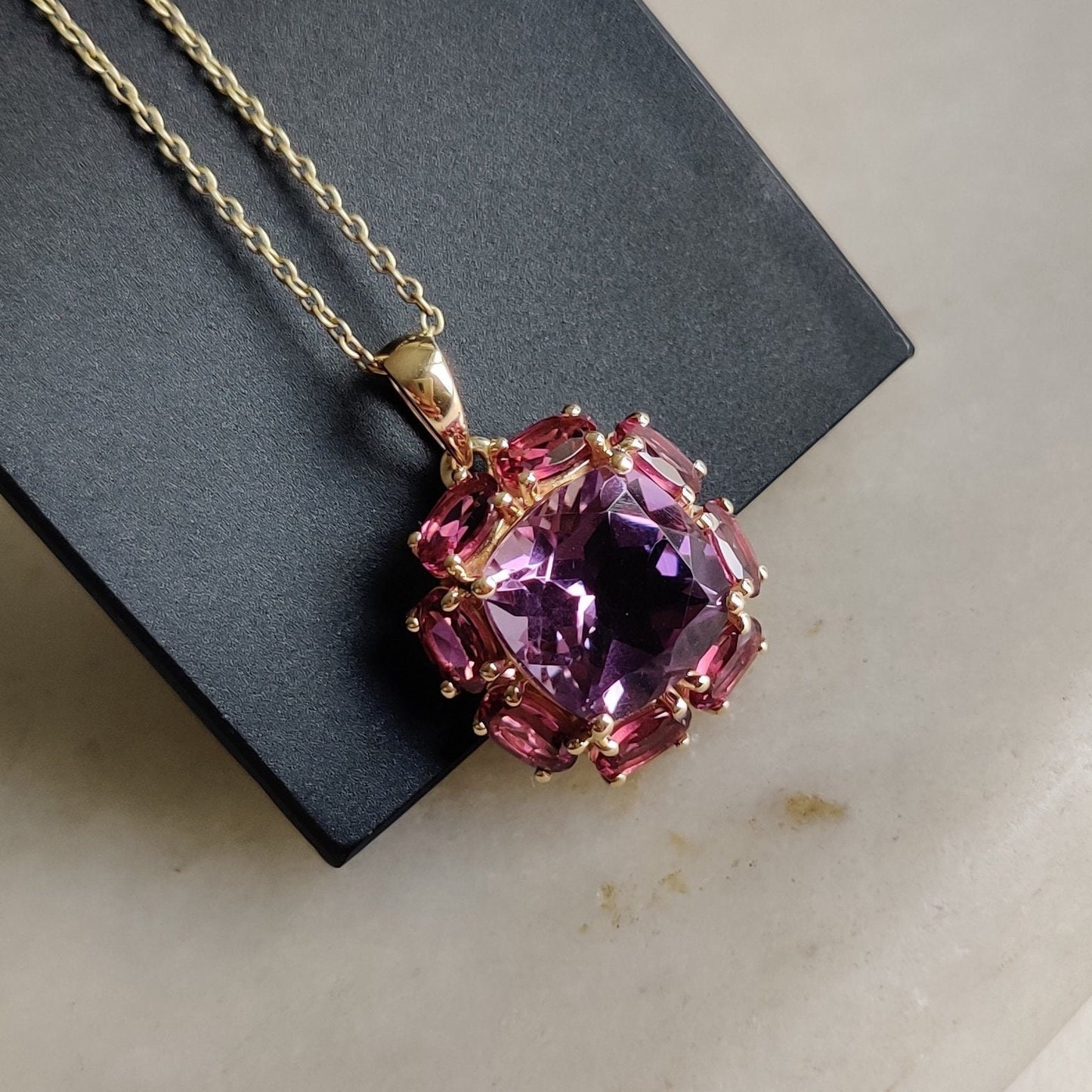 Natural Purple Amethyst Rhodolite Garnet Pendant, 14K Solid Gold Purple Amethyst Garnet Pendant, February June Birthstone, Prong Pendants