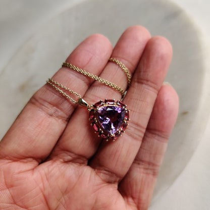 Natural Purple Amethyst Rhodolite Garnet Pendant, 14K Solid Gold Purple Amethyst Garnet Pendant, February June Birthstone, Prong Pendants