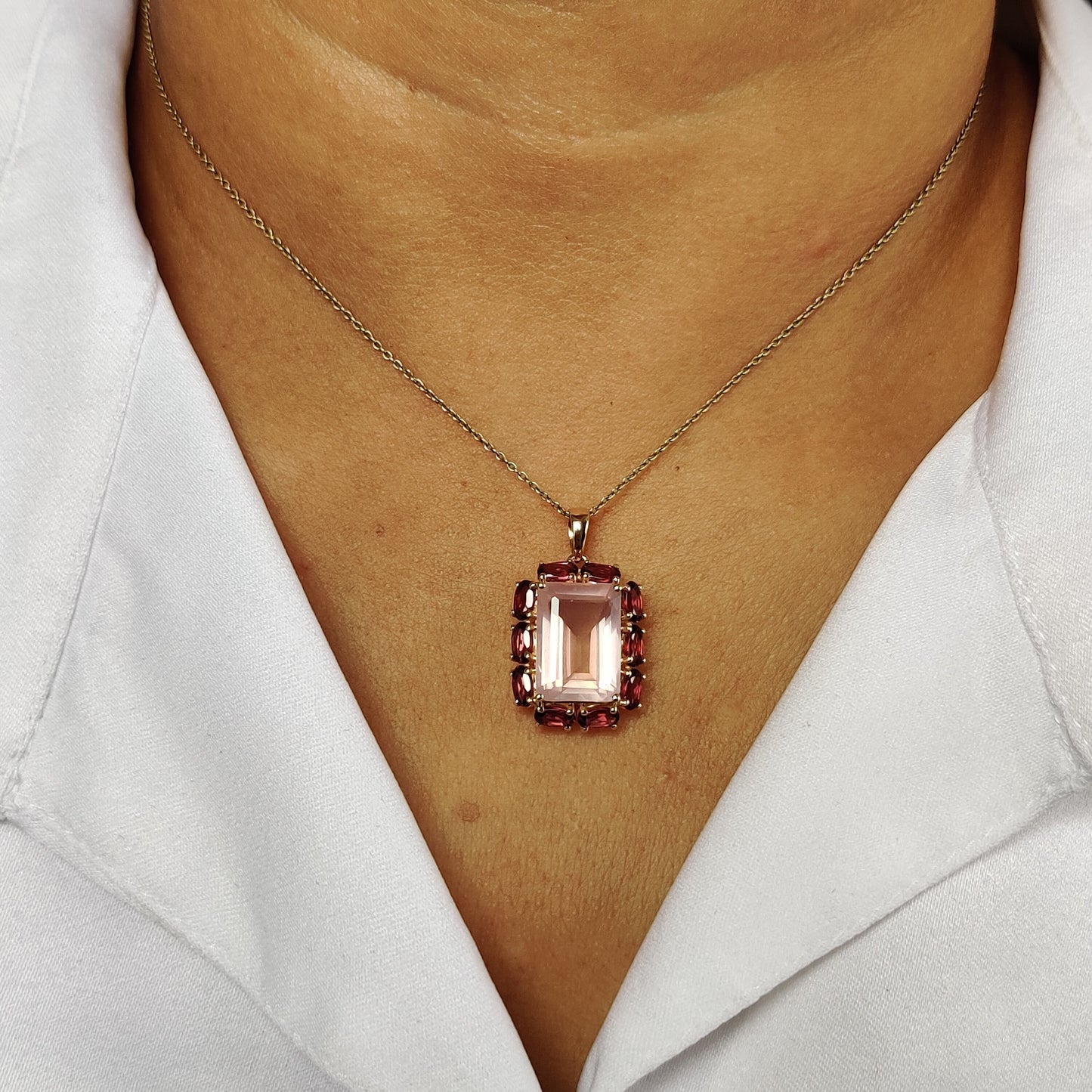 Natural Rose Quartz Rhodolite Garnet Pendant, 14K Solid Gold Rose Quartz Garnet Pendant, January June Birthstone, Rose Quartz Garnet Jewelry