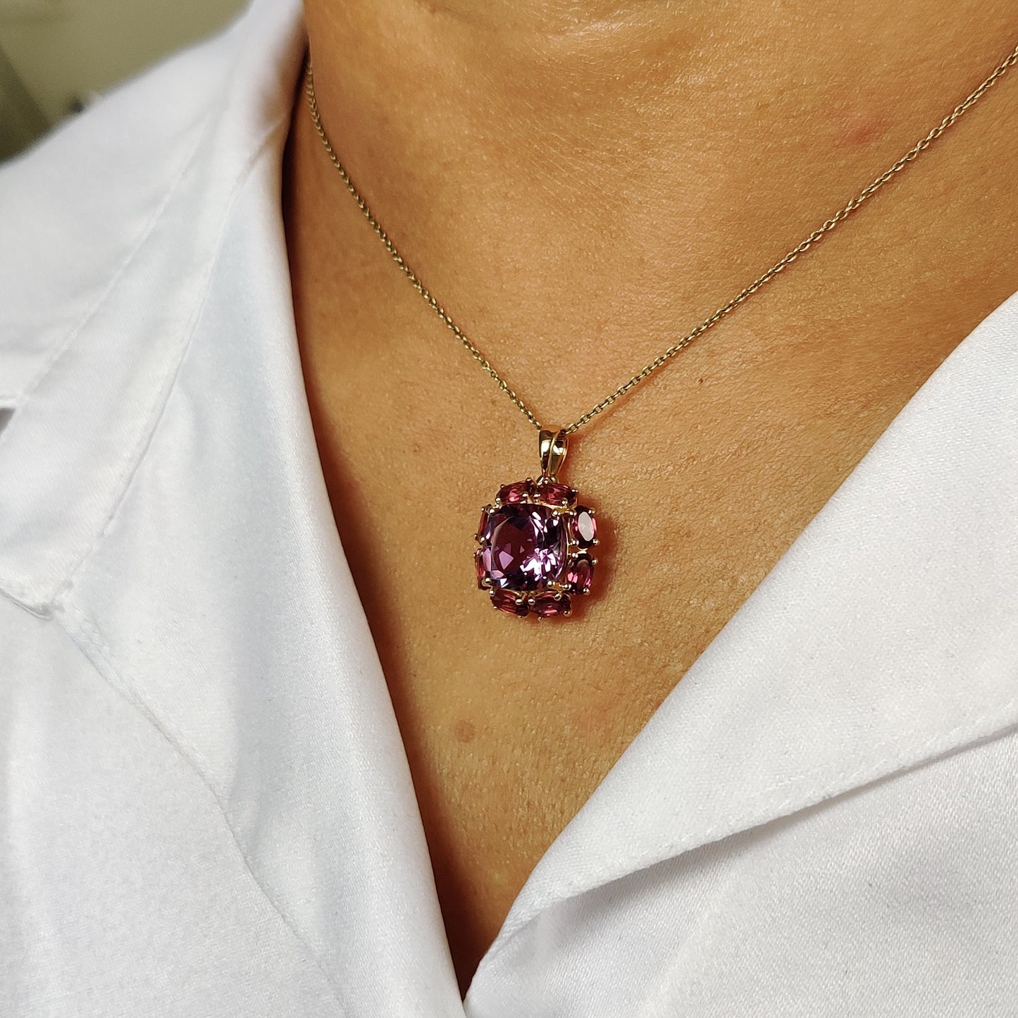 Natural Purple Amethyst Rhodolite Garnet Pendant, 14K Solid Gold Purple Amethyst Garnet Pendant, February June Birthstone, Prong Pendants