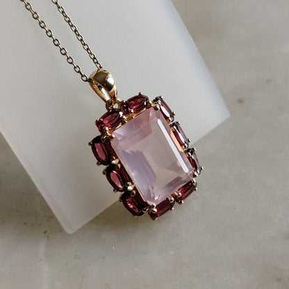 Natural Rose Quartz Rhodolite Garnet Pendant, 14K Solid Gold Rose Quartz Garnet Pendant, January June Birthstone, Rose Quartz Garnet Jewelry