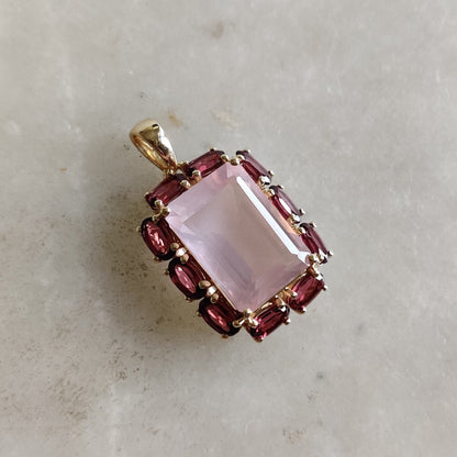 Natural Rose Quartz Rhodolite Garnet Pendant, 14K Solid Gold Rose Quartz Garnet Pendant, January June Birthstone, Rose Quartz Garnet Jewelry