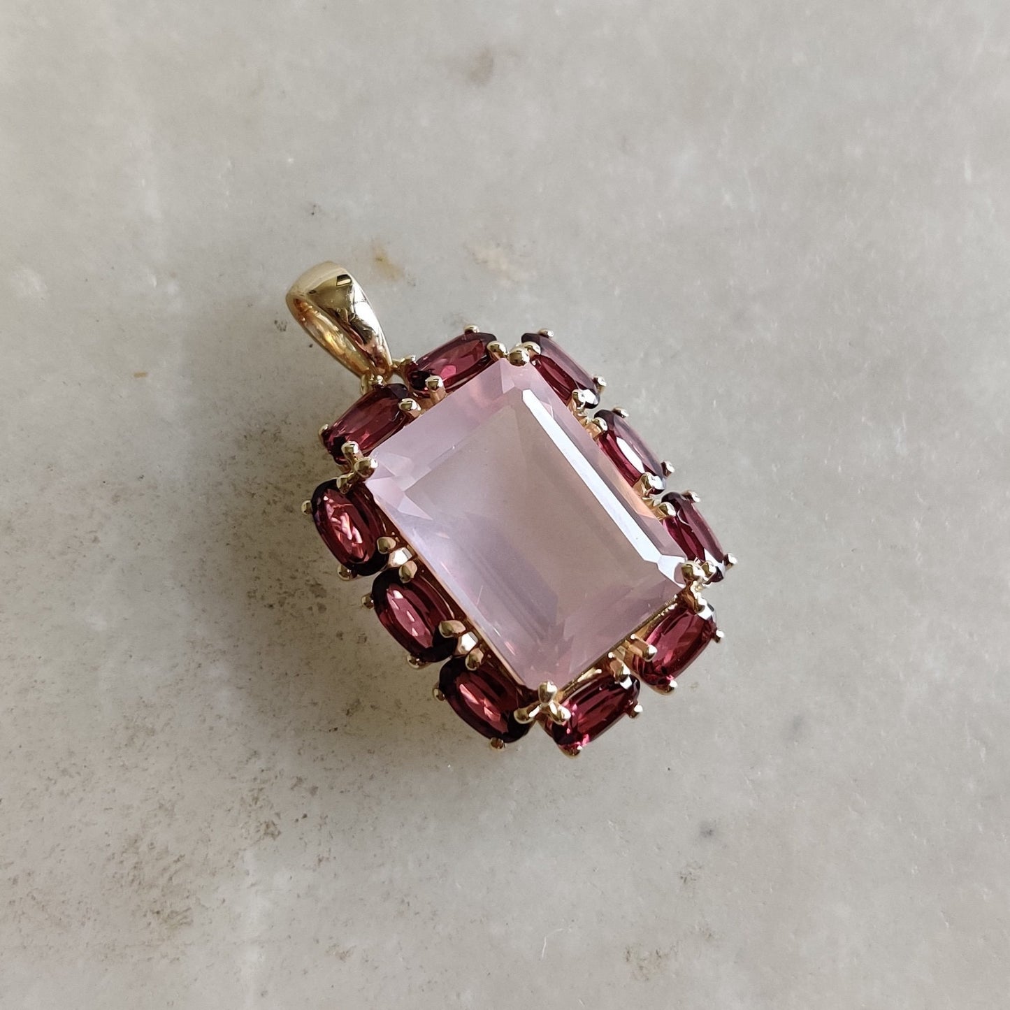 Natural Rose Quartz Rhodolite Garnet Pendant, 14K Solid Gold Rose Quartz Garnet Pendant, January June Birthstone, Rose Quartz Garnet Jewelry