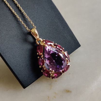 Natural Purple Amethyst & Rhodolite Garnet Pendant, 14K Solid Yellow Gold Pendant, February Birthstone, Amethyst Jewelry, Christmas Present