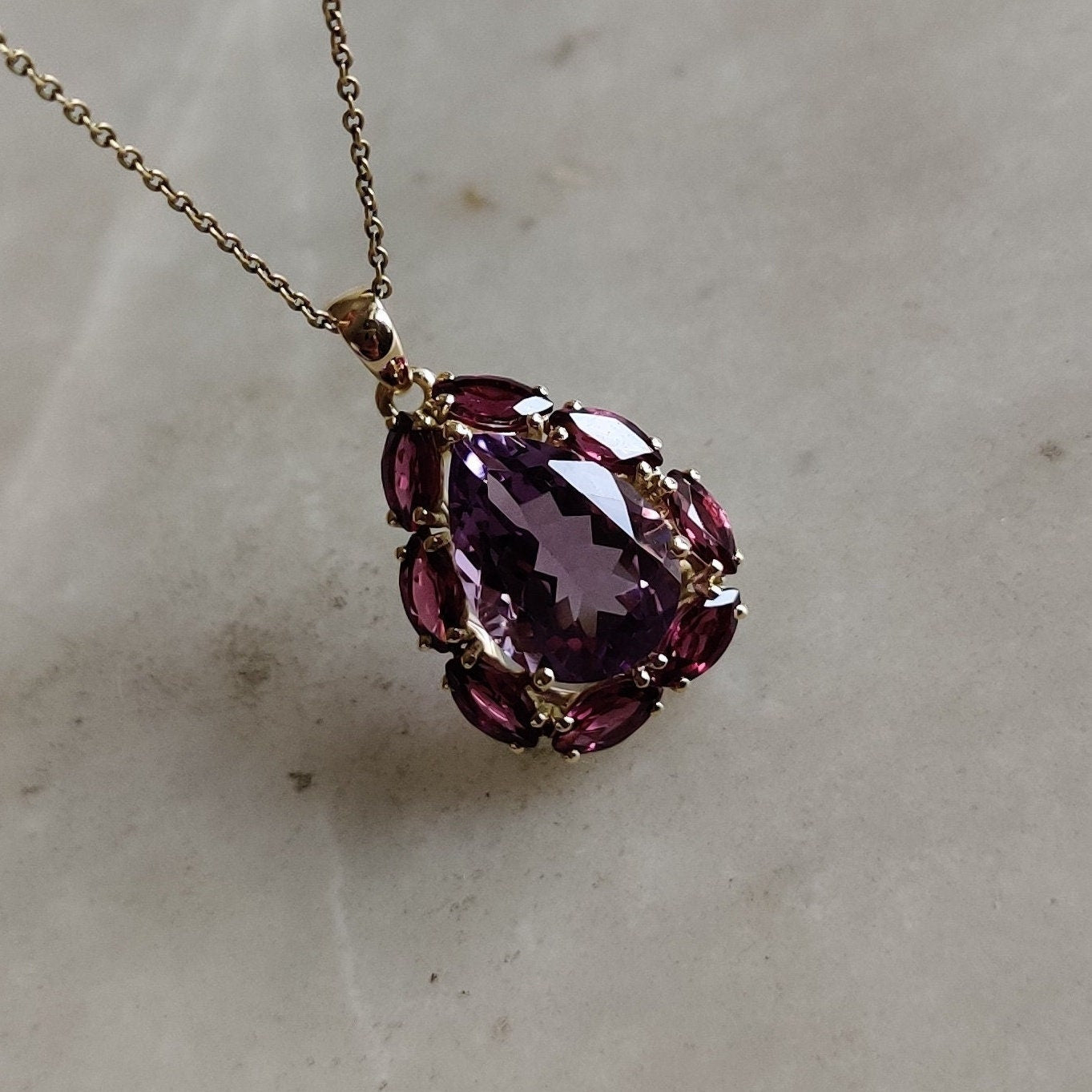 Natural Purple Amethyst & Rhodolite Garnet Pendant, 14K Solid Yellow Gold Pendant, February Birthstone, Amethyst Jewelry, Christmas Present