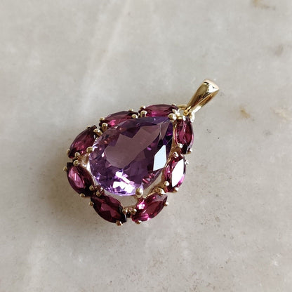 Natural Purple Amethyst & Rhodolite Garnet Pendant, 14K Solid Yellow Gold Pendant, February Birthstone, Amethyst Jewelry, Christmas Present