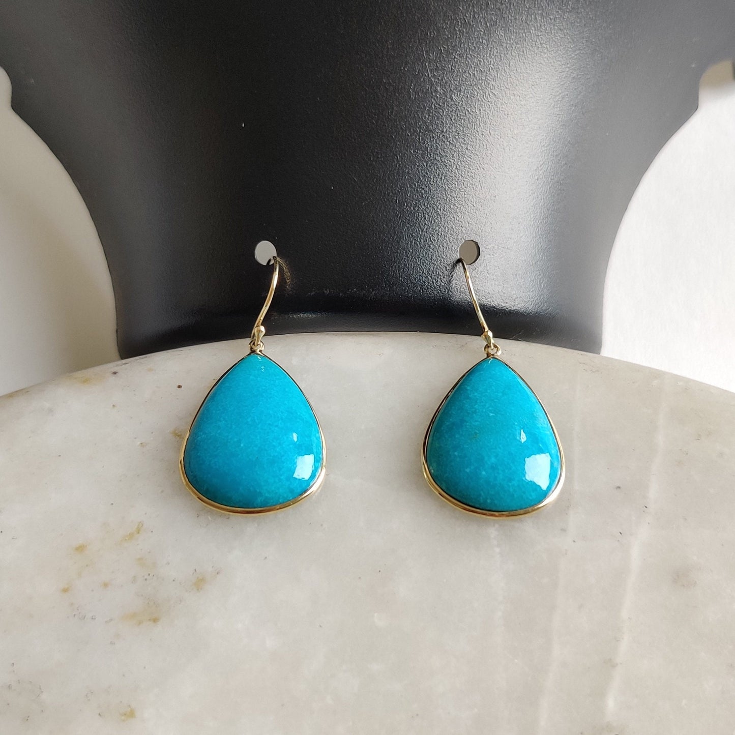 14k Gold Turquoise Earrings ,Natural Sleeping Beauty Turquoise Earrings, 14K Solid Yellow Gold Earrings, December Birthstone, Pear Earring