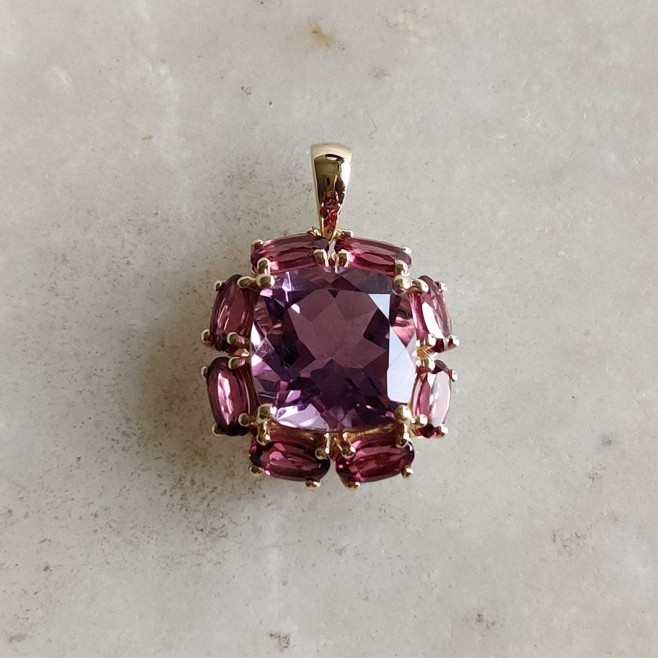 Natural Purple Amethyst Rhodolite Garnet Pendant, 14K Solid Gold Purple Amethyst Garnet Pendant, February June Birthstone, Prong Pendants