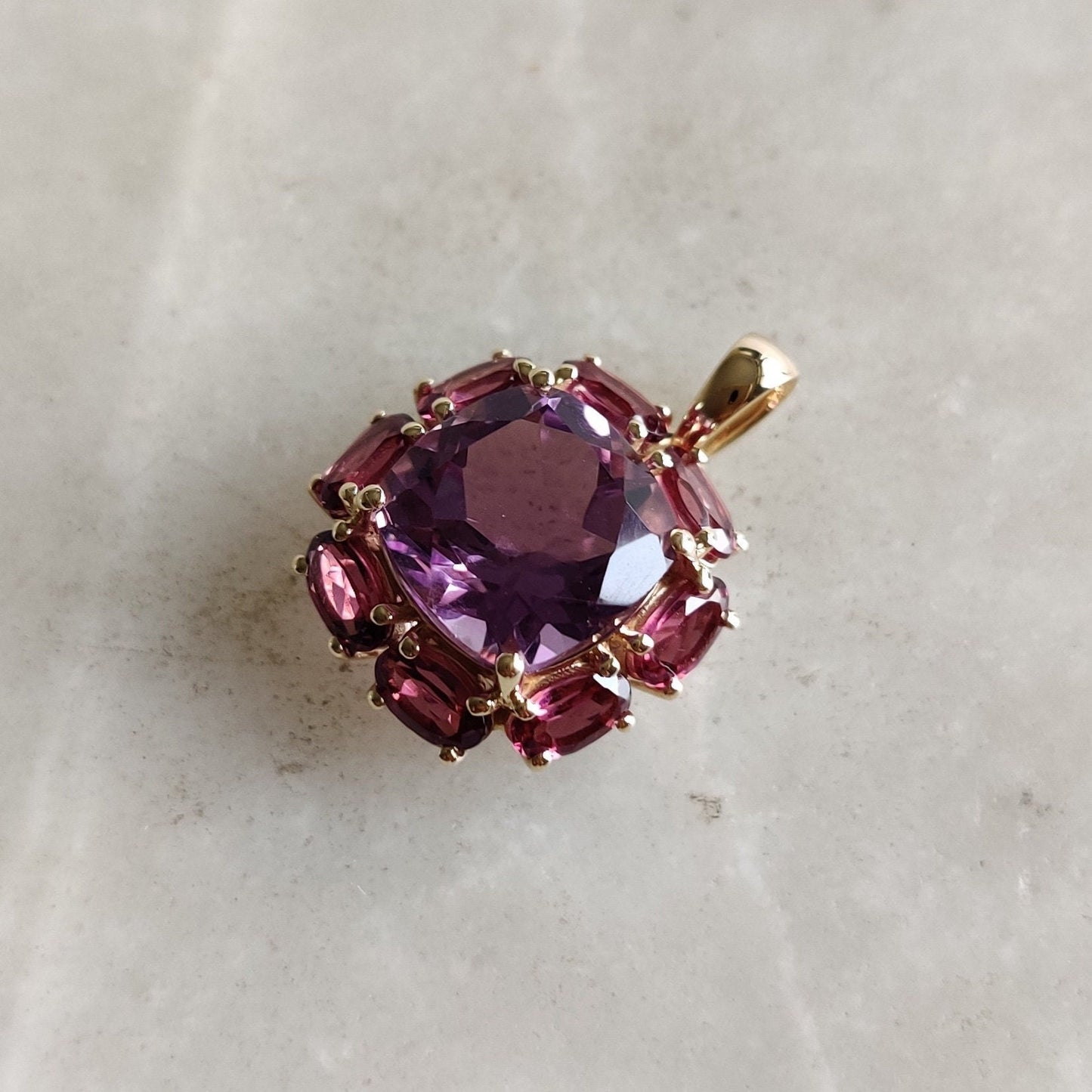 Natural Purple Amethyst Rhodolite Garnet Pendant, 14K Solid Gold Purple Amethyst Garnet Pendant, February June Birthstone, Prong Pendants