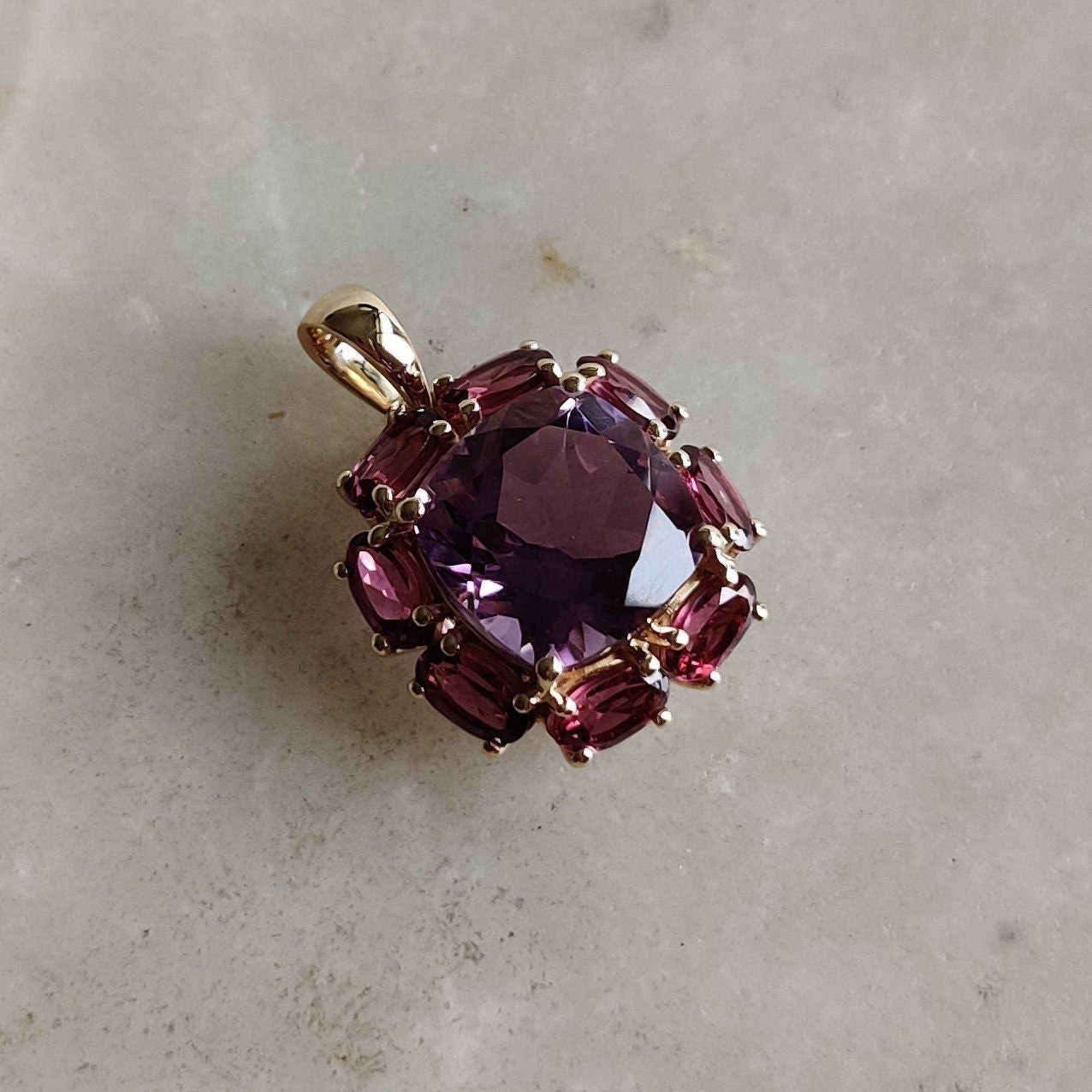 Natural Purple Amethyst Rhodolite Garnet Pendant, 14K Solid Gold Purple Amethyst Garnet Pendant, February June Birthstone, Prong Pendants