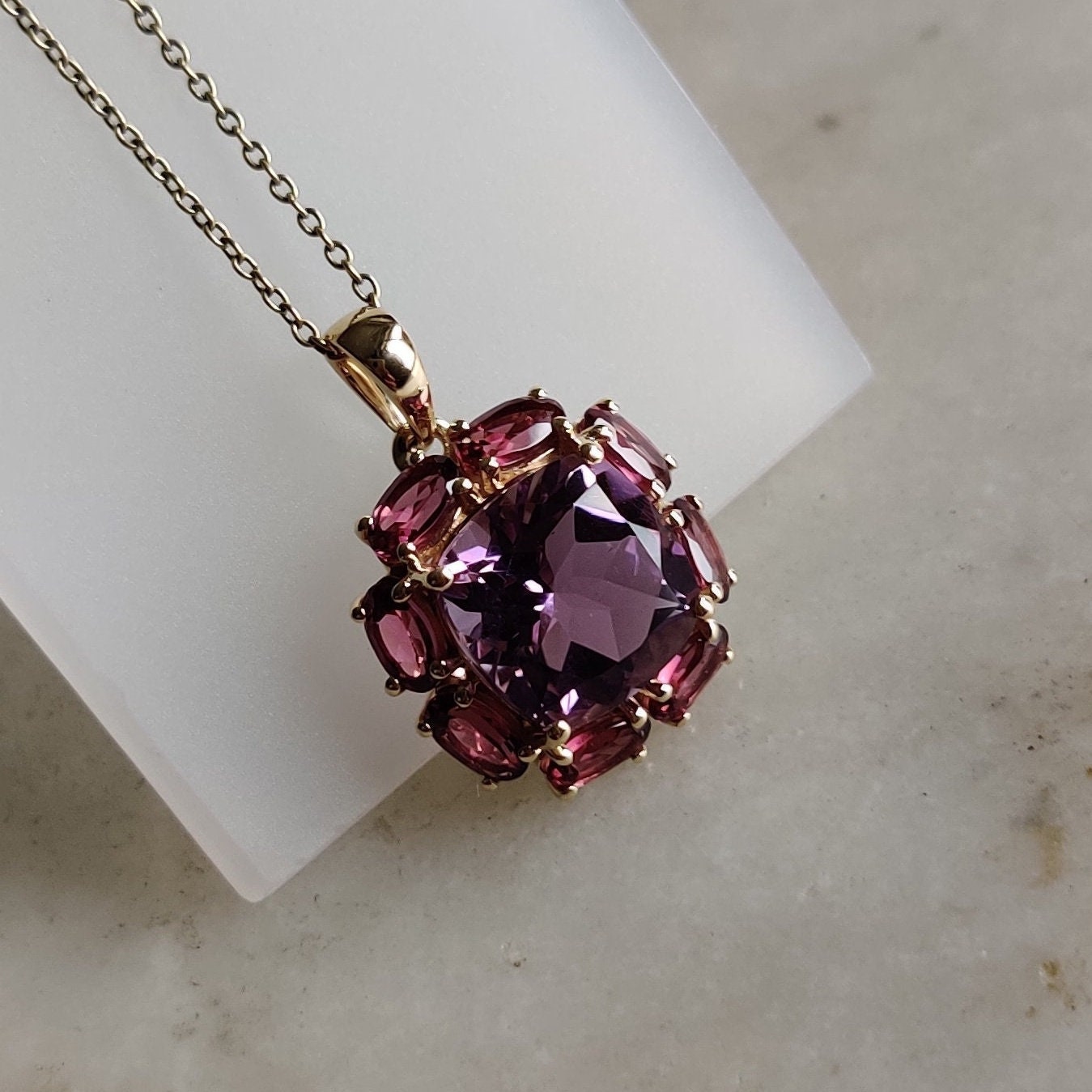 Natural Purple Amethyst Rhodolite Garnet Pendant, 14K Solid Gold Purple Amethyst Garnet Pendant, February June Birthstone, Prong Pendants