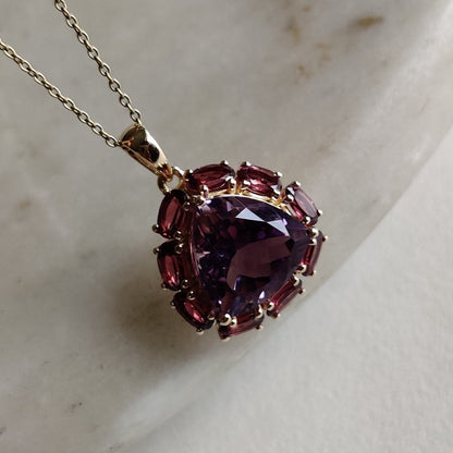 Natural Purple Amethyst Rhodolite Garnet Pendant, 14K Solid Gold Purple Amethyst Garnet Pendant, February June Birthstone, Prong Pendants