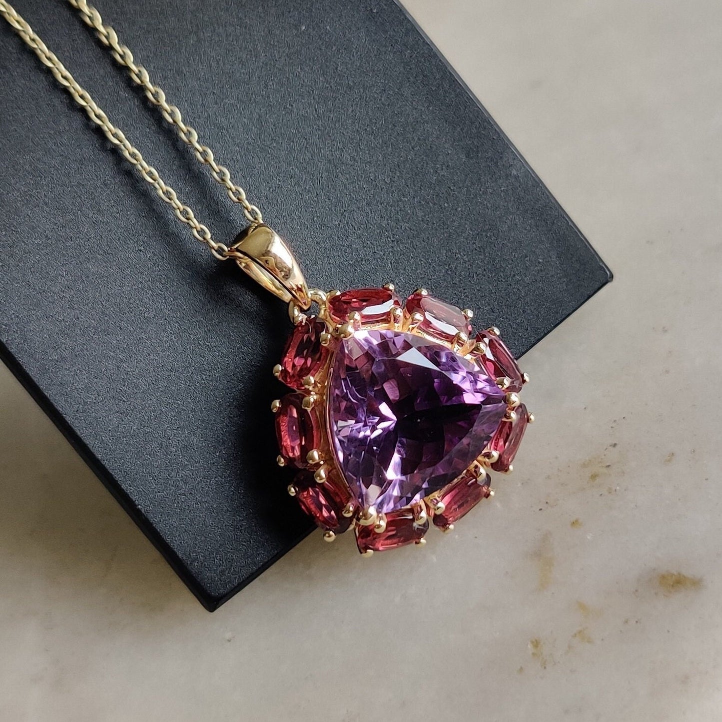 Natural Purple Amethyst Rhodolite Garnet Pendant, 14K Solid Gold Purple Amethyst Garnet Pendant, February June Birthstone, Prong Pendants