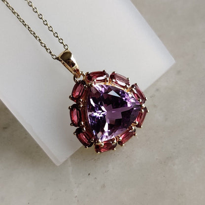 Natural Purple Amethyst Rhodolite Garnet Pendant, 14K Solid Gold Purple Amethyst Garnet Pendant, February June Birthstone, Prong Pendants