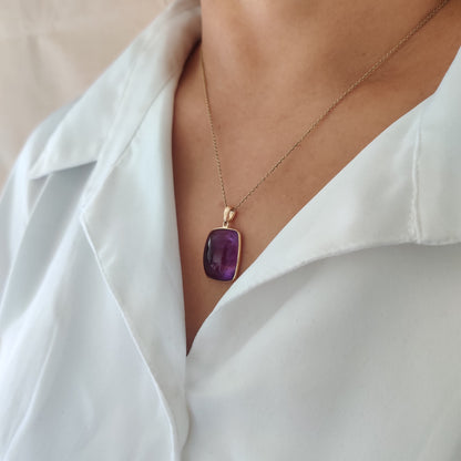 Natural Purple Amethyst Pendant, Purple Amethyst Set in 14K Solid Yellow Gold, February Birthstone, Cushion Bezel Pendant, Amethyst Jewelry