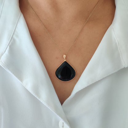 Natural Black Onyx Pendant, 14K Solid Yellow Gold Black Onyx Pendant, December Birthstone, Bezel Pendant, Flat Cut Pendant, Onyx Jewelry