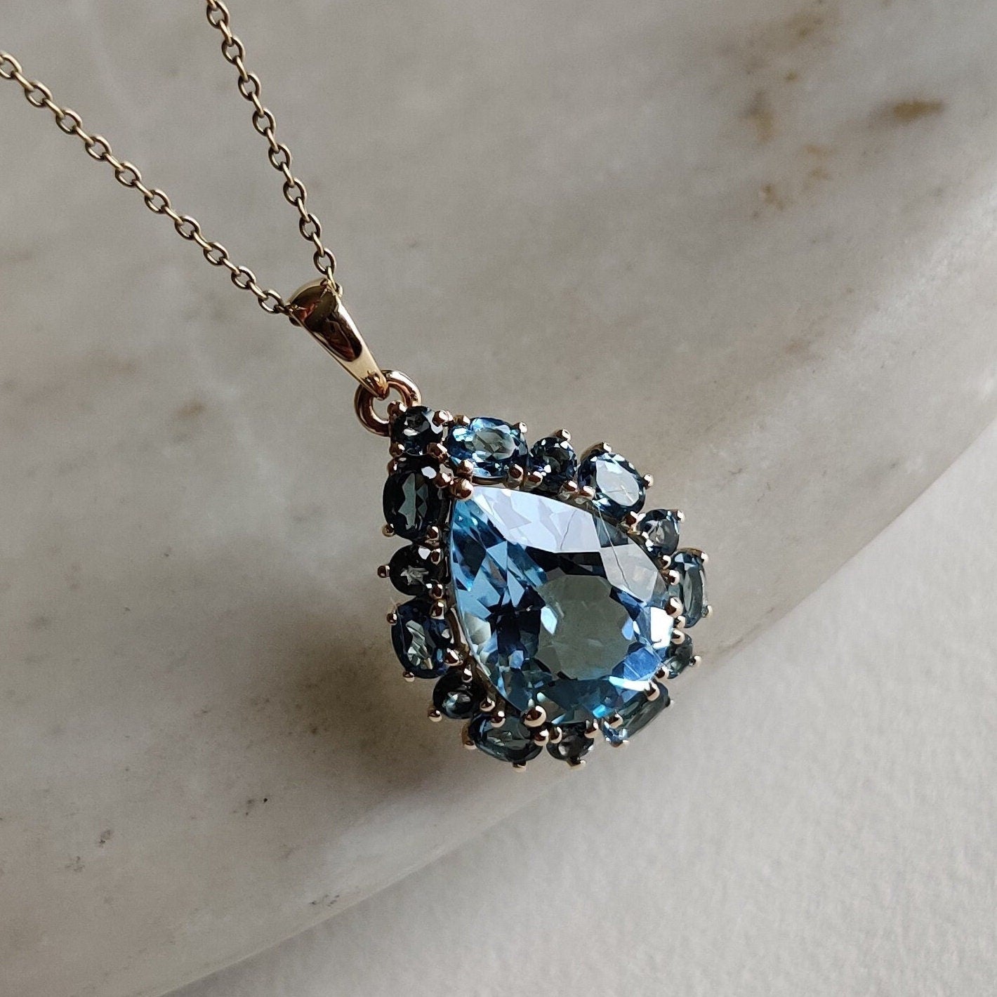 Natural Sky Blue Topaz & London Blue Topaz Pendant, 14K Solid Yellow Gold Topaz Pendant, Prong Pendant , December Birthstone, Christmas Gift