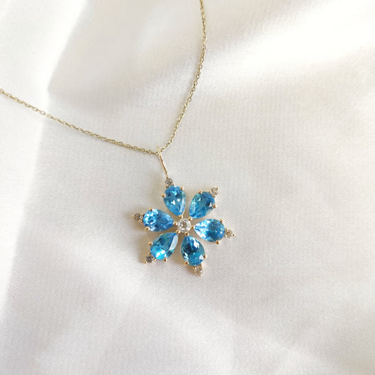 Natural Sky Blue Topaz & White Topaz Pendant, Blue Topaz Pendant in 14K Solid Yellow Gold, December Birthstone, Dainty Flower Pendant