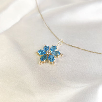 Natural Sky Blue Topaz & White Topaz Pendant, Blue Topaz Pendant in 14K Solid Yellow Gold, December Birthstone, Dainty Flower Pendant