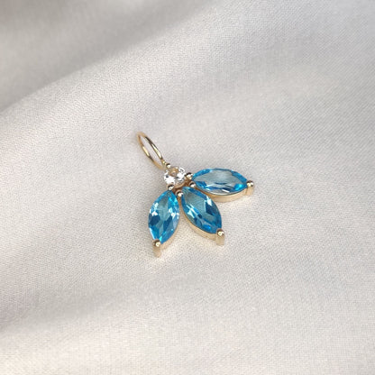 Natural Sky Blue Topaz & White Topaz Pendant, 14K Solid Yellow Gold Pendant, Topaz Petal Pendant, December Birthstone Pendant