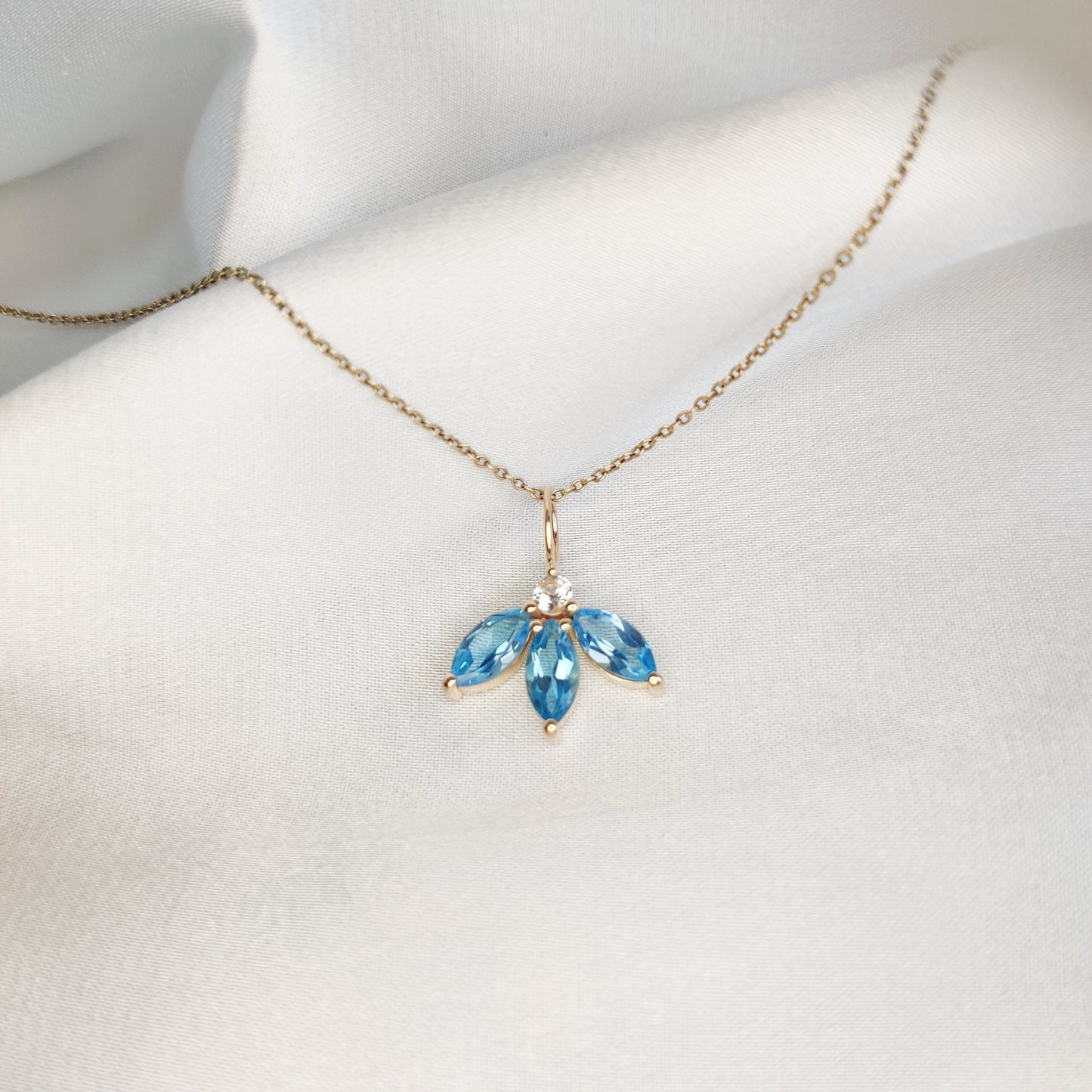 Natural Sky Blue Topaz & White Topaz Pendant, 14K Solid Yellow Gold Pendant, Topaz Petal Pendant, December Birthstone Pendant