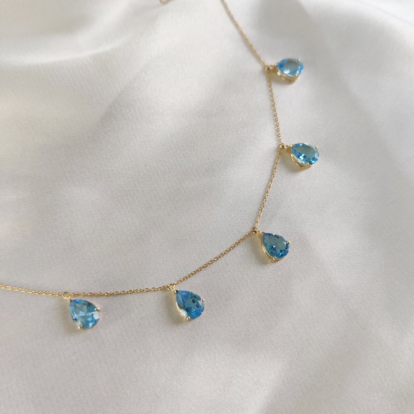 Natural Swiss Blue Topaz Necklace, Topaz Necklace Set in 14K Solid Yellow Gold, December Birthstone Pendant, Pear Cut Blue Topaz Jewelry