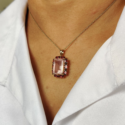 Natural Rose Quartz Rhodolite Garnet Pendant, 14K Solid Gold Rose Quartz Garnet Pendant, January June Birthstone, Rose Quartz Garnet Jewelry