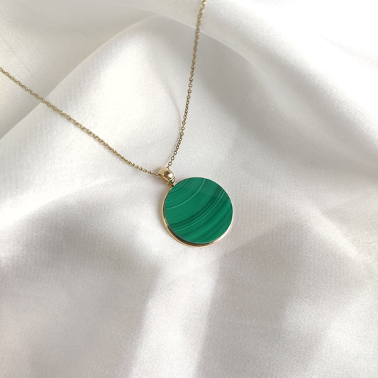 Natural Malachite Pendant, Malachite Pendant Set in 14K Solid Yellow Gold, May Birthstone Pendant, Round Bezel Pendant, Malachite Jewelry