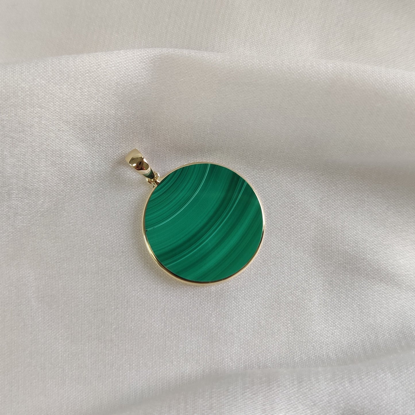 Natural Malachite Pendant, Malachite Pendant Set in 14K Solid Yellow Gold, May Birthstone Pendant, Round Bezel Pendant, Malachite Jewelry