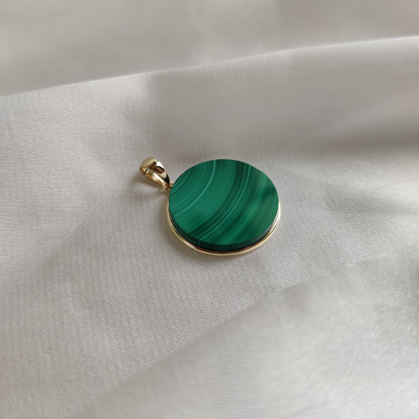 Natural Malachite Pendant, Malachite Pendant Set in 14K Solid Yellow Gold, May Birthstone Pendant, Round Bezel Pendant, Malachite Jewelry